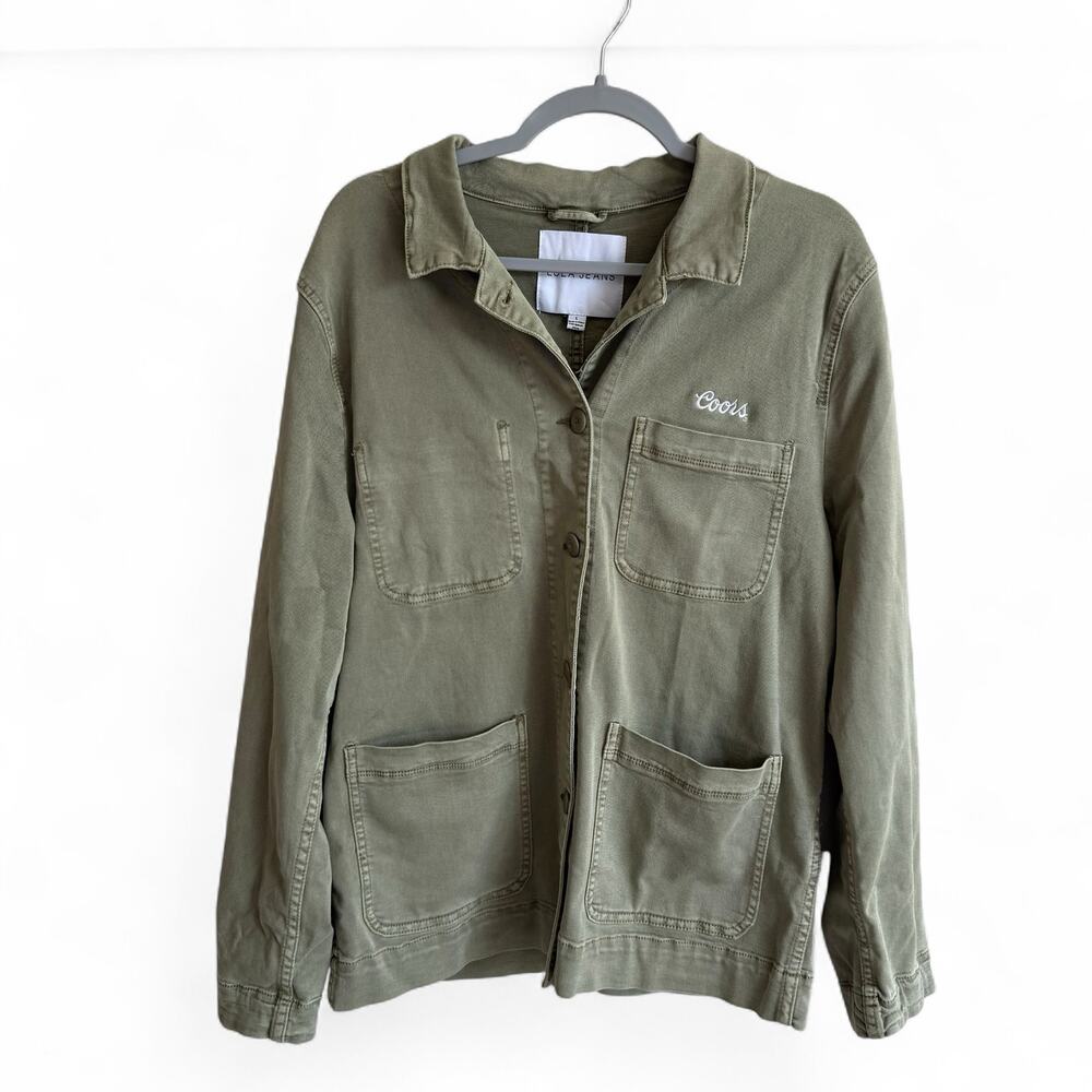 Lola Jeans army green chore coat with “coors” embroidered overcoat size L
